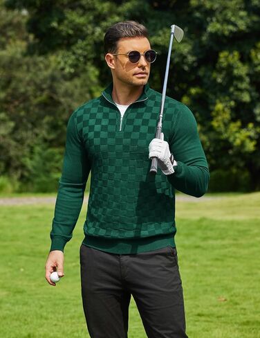COOFANDY Quarter Zip Pullover Men Dress Sweaters Long Sleeve Jacquard Checkered Sweater in Saudi Arabia