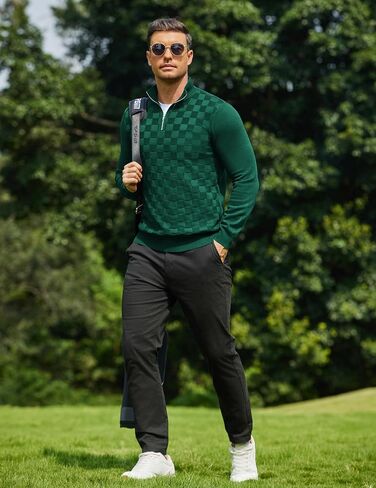 COOFANDY Quarter Zip Pullover Men Dress Sweaters Long Sleeve Jacquard Checkered Sweater in Saudi Arabia