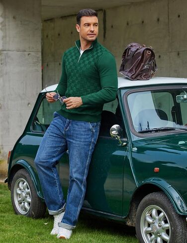 COOFANDY Quarter Zip Pullover Men Dress Sweaters Long Sleeve Jacquard Checkered Sweater in Saudi Arabia