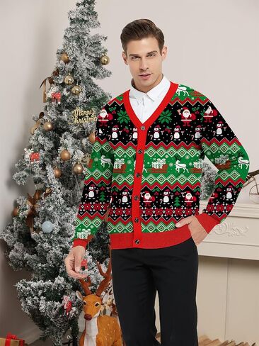 Goodstoworld Men's 2024 Ugly Christmas Cardigan Cozy Pullover Sweater V Neck Buttons Soft Knitwear in Saudi Arabia