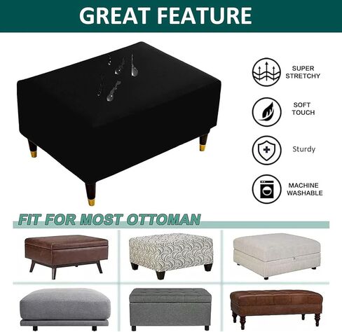 PU Leather Ottoman Cover,Waterproof Rectangle Footrest Covers,Stretch Soft Ottoman slipcover for Small Large Folding Storage Ottoman (Black,L) in Saudi Arabia