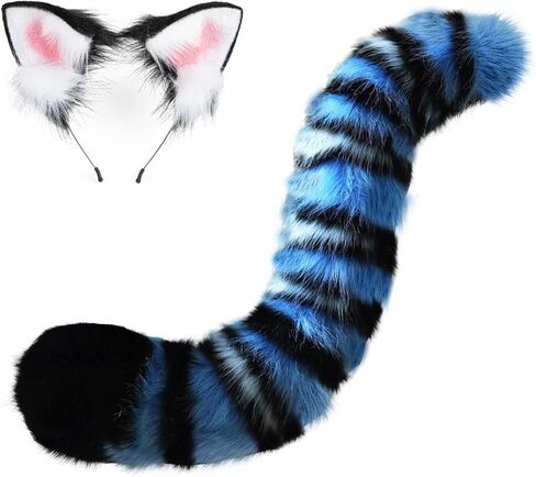 Tiger Ears and Tail Set, Blue Black White Stripes, Costume Accessories for Halloween, Role Play in Saudi Arabia