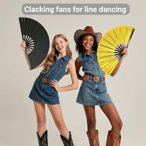 2 Packs Large Folding Fan, popping clacking fans for line dancing, boots on the ground hand fan foldable (black and gold) in Saudi Arabia