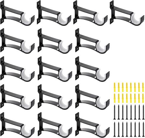 16 Pcs Curtain Rod Bracket Heavy Duty Holders Hooks Hangers Bulk for 1 Inch to 1.2 Inch Wall Single Window Drapery Rod Support with Screws(Black) in Saudi Arabia