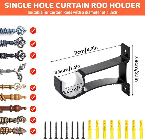 16 Pcs Curtain Rod Bracket Heavy Duty Holders Hooks Hangers Bulk for 1 Inch to 1.2 Inch Wall Single Window Drapery Rod Support with Screws(Black) in Saudi Arabia