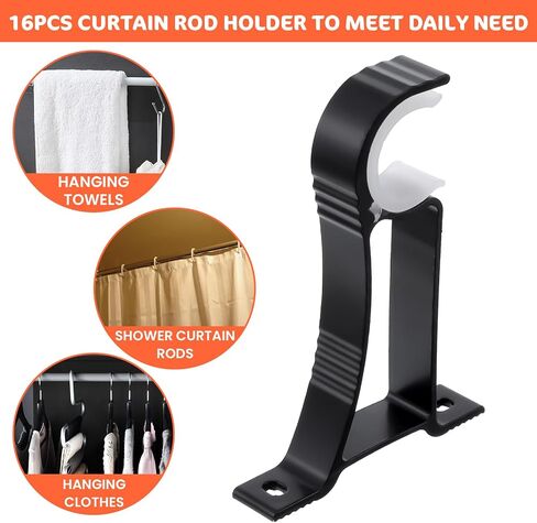 16 Pcs Curtain Rod Bracket Heavy Duty Holders Hooks Hangers Bulk for 1 Inch to 1.2 Inch Wall Single Window Drapery Rod Support with Screws(Black) in Saudi Arabia