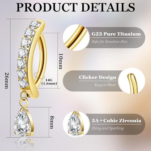 14G G23 Pure Titanium Clicker Belly Button Ring for Women Teardrop Navel Ring Curved Reverse Belly Ring CZ Belly Navel Piercing Jewelry in Kuwait