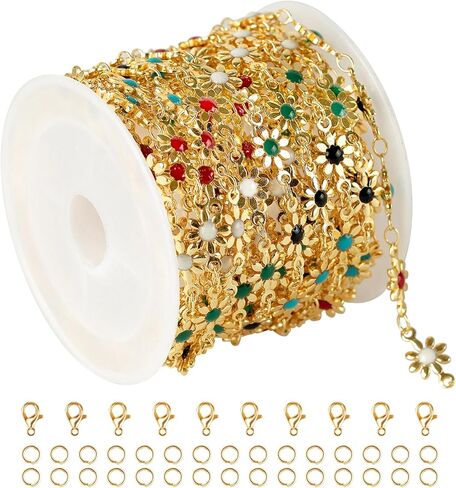 YOUBEIYEE 13 قدم سلسلة نحاسية مطلية بالذهب لصنع المجوهرات، سلسلة زهرة الأقحوان المينا الملونة سوار قلادة DIY لوازم المجوهرات النتائج in Kuwait