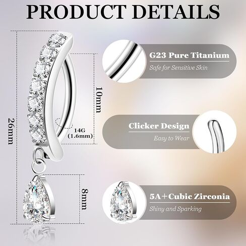 14G G23 Pure Titanium Clicker Belly Button Ring for Women Teardrop Navel Ring Curved Reverse Belly Ring CZ Belly Navel Piercing Jewelry in Kuwait