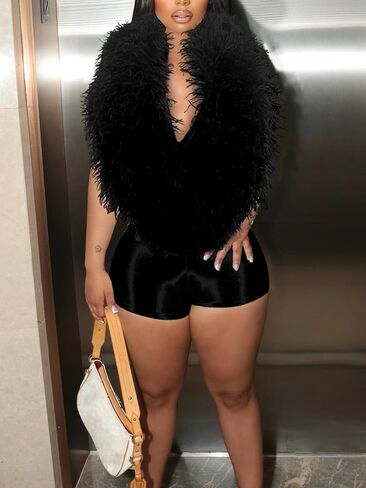 Molisry Women's Sexy Sleeveless Elegant Jumpsuit Feather Deep V-Neck Bodycon Elegant Shorts Rompers Club Parties in Saudi Arabia