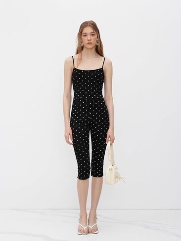 CIDER Jumpsuits For Women Polka Dot Print High Waist Capri Length Collarless Knit Fabric Slim Fit Jumpsuit in Saudi Arabia