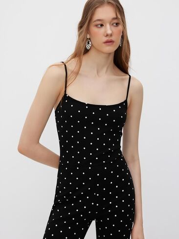 CIDER Jumpsuits For Women Polka Dot Print High Waist Capri Length Collarless Knit Fabric Slim Fit Jumpsuit in Saudi Arabia