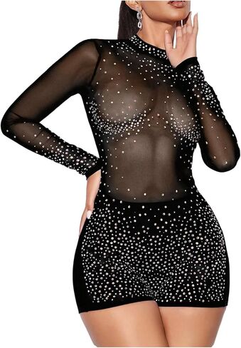 Wdirara Women's Sparkly Rhinestone شفاف Romper Long Sleeve Party Club Unitard Stirs Plemsuit in Saudi Arabia
