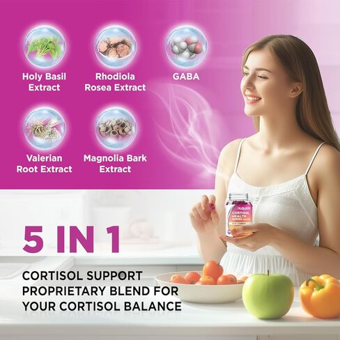 Cortisol Supplements for Women Men, Cortisol Gummies with Ashwagandha, Magnesium, L-Theanine, Phosphatidylserine, B6 for Cortisol Detox, Relaxation, Sleep, Focus, Sugar-Free, Vegan, 60 in Kuwait