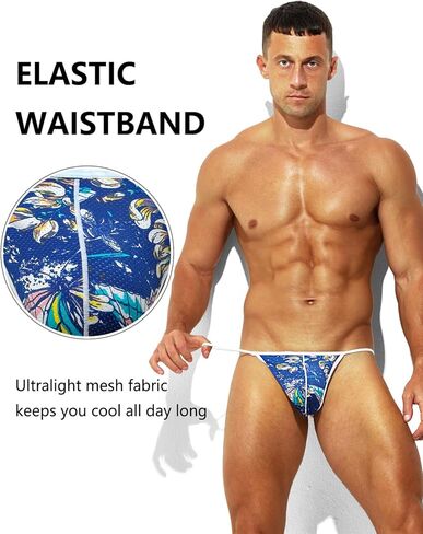 Men's Sexy G-String Thong Underwear Low Rise Mesh Printed String Bikini with Bulge Pouch Support in Saudi Arabia