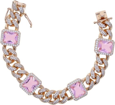 14K Gold Over 925 Silver 12mm Radiant Cut Moissanite Bracelet,Cuban Link Bracelet for Women,Hip-Hop Style Bracelet with Radiant Moissanite and Pink Crystal,Ideal for Holiday Wear in Saudi Arabia