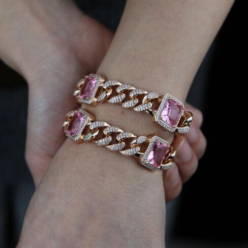 14K Gold Over 925 Silver 12mm Radiant Cut Moissanite Bracelet,Cuban Link Bracelet for Women,Hip-Hop Style Bracelet with Radiant Moissanite and Pink Crystal,Ideal for Holiday Wear in Saudi Arabia