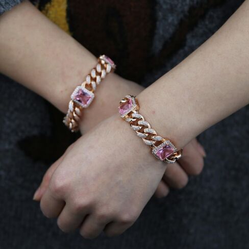 14K Gold Over 925 Silver 12mm Radiant Cut Moissanite Bracelet,Cuban Link Bracelet for Women,Hip-Hop Style Bracelet with Radiant Moissanite and Pink Crystal,Ideal for Holiday Wear in Saudi Arabia