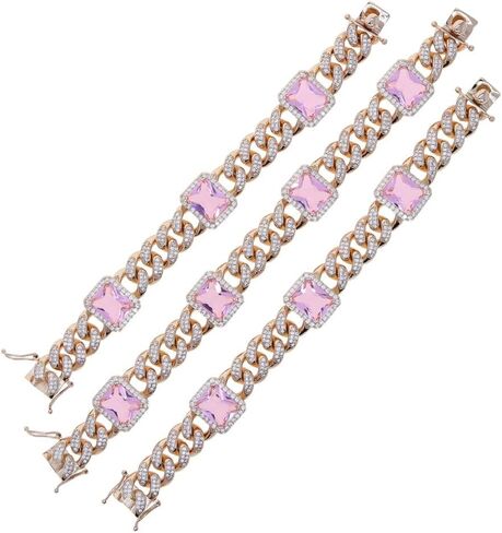 14K Gold Over 925 Silver 12mm Radiant Cut Moissanite Bracelet,Cuban Link Bracelet for Women,Hip-Hop Style Bracelet with Radiant Moissanite and Pink Crystal,Ideal for Holiday Wear in Saudi Arabia