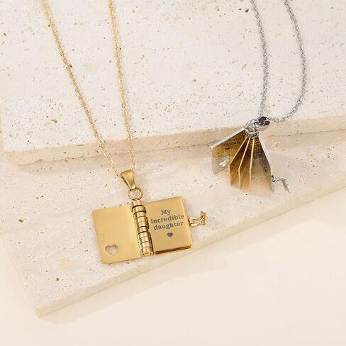 Morotole for Daughter-My Incredible Book Necklace ، إلى بناتي من قلادة Mom و Dad Book ، قلادة كتب قابلة للتعديل مع 6 صفحات من المعلومات المحفورة ، قلادات للكتاب للابنة in Kuwait