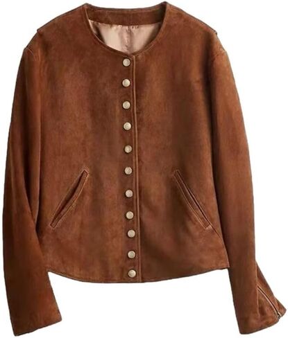 Genuine Sheepskin Leather Trendy Short Causal Outfit Brown Suede Coat Jacket for Women in Saudi Arabia