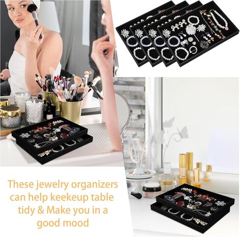 6PCS Black Velvet Stackable Jewelry Trays, Jewelry Organizer Tray for Drawers, Countertop & Dresser, Soft Showcase Trays for Rings, Necklaces, Earrings (Velvet Lining) in Saudi Arabia