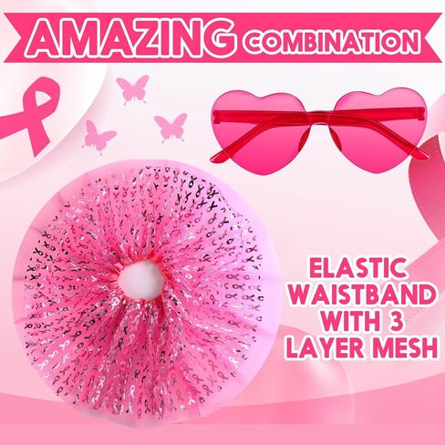 18 Pcs Breast Cancer Awareness Tutu Skirts for Women Running Pink Ribbon Heart Sunglasses Accessories for Charity Fundraiser Public Events Survivors Gifts in Saudi Arabia