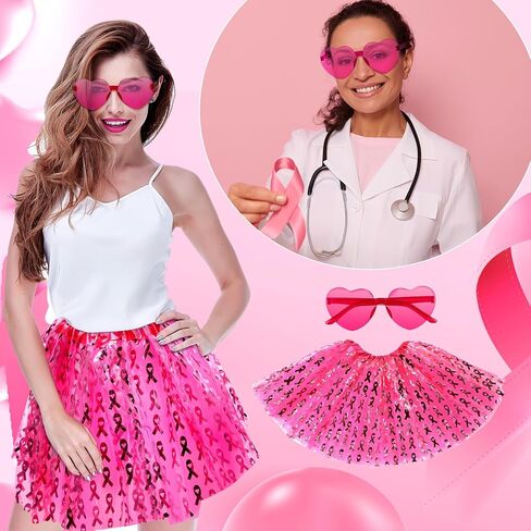 18 Pcs Breast Cancer Awareness Tutu Skirts for Women Running Pink Ribbon Heart Sunglasses Accessories for Charity Fundraiser Public Events Survivors Gifts in Saudi Arabia
