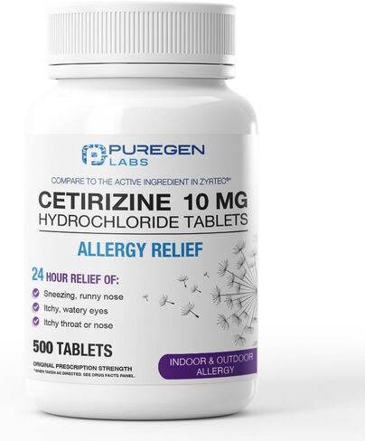 مختبرات Puregen Labs على مدار 24 ساعة من الحساسية ، Cetirizine 10mg 120 أقراص-24 ساعة من الطبقة الحساسية المضادة للهيستامين للأنف السيلان ، العطس ، الحكة ، عيون مائية in Saudi Arabia