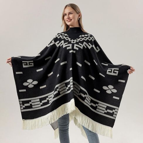 Women's Fashion Travel Shawl Wrap Pullover Poncho Cape Long Pashmina Blanket for Fall Winter Tassels Sweater Top in Saudi Arabia