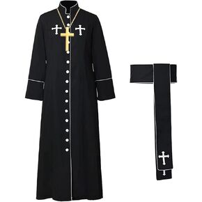 Priest Costume Pastor Robe Roman Cassock with Stand Collar White/Black 3Pcs Clergy Robe Stole and Cross Necklace in Kuwait