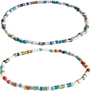 Boho Beads Anklets Set of 2pcs, Waterproof Beach Adjustable Stretch Imitation Turquoise White Pearls Bracelets for Women, Handmade Jewelry Gifts in Saudi Arabia