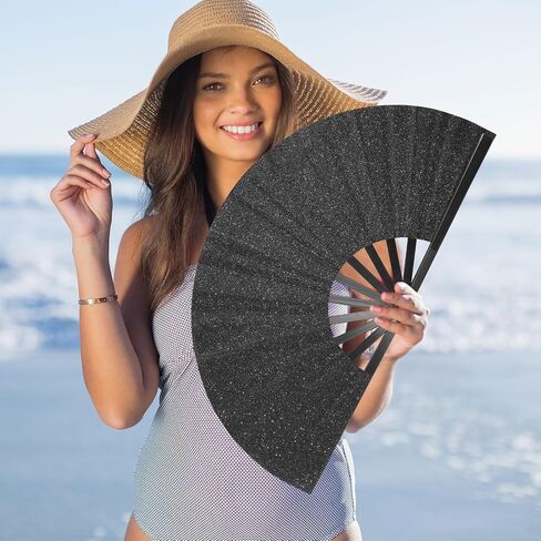 Large Rave Folding Hand Fan Popping Fan Clacking Fans for Line Dancing, Big clap Fans foldable Boots on The Ground Fan for Outdoor,Wedding,Party,Decoration (Black) in Kuwait