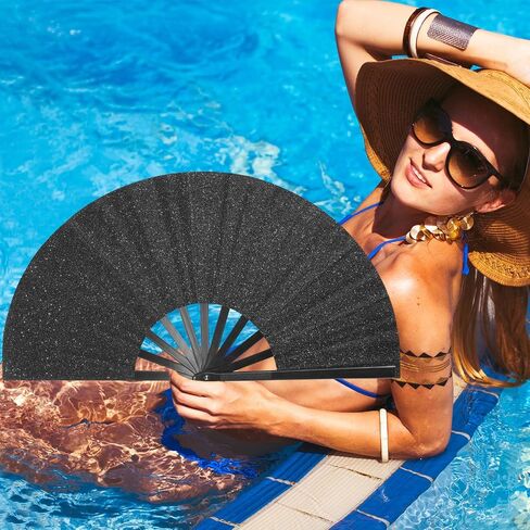 Large Rave Folding Hand Fan Popping Fan Clacking Fans for Line Dancing, Big clap Fans foldable Boots on The Ground Fan for Outdoor,Wedding,Party,Decoration (Black) in Kuwait