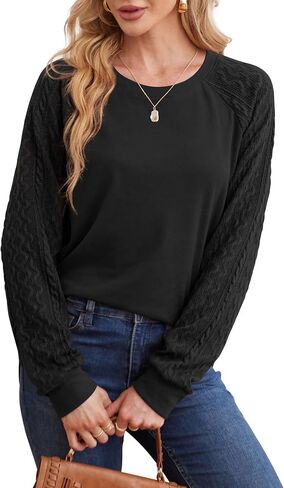 Sweaters for Women Crewneck Cable Knit Sleeve Sweaters Long Sleeve Shirts for Women Lightweight Fashion in Saudi Arabia