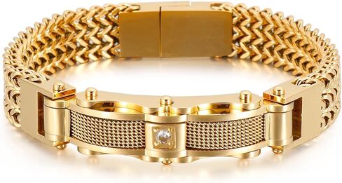 Mens Stainless Steel Franco Link Chain Bracelet,Fashion Cable Bracelet with Cubic Zirconia Gold Silver Black in Saudi Arabia