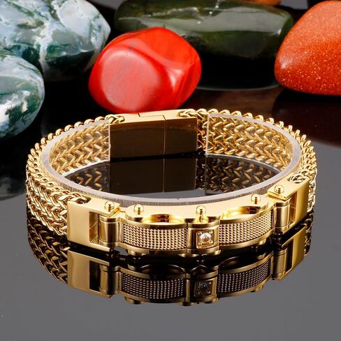 Mens Stainless Steel Franco Link Chain Bracelet,Fashion Cable Bracelet with Cubic Zirconia Gold Silver Black in Saudi Arabia