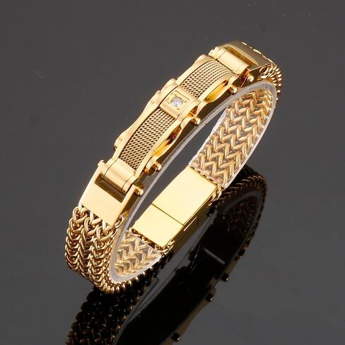 Mens Stainless Steel Franco Link Chain Bracelet,Fashion Cable Bracelet with Cubic Zirconia Gold Silver Black in Saudi Arabia