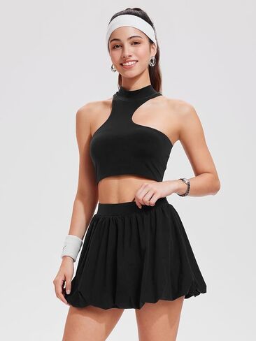 Airfree 2 Piece Sets for Women Tennis Skirt Set Mock Neck Sports Bra Irregular Crop Tank Bubble Skirt Outfits Set in Saudi Arabia