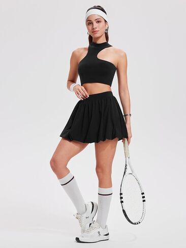 Airfree 2 Piece Sets for Women Tennis Skirt Set Mock Neck Sports Bra Irregular Crop Tank Bubble Skirt Outfits Set in Saudi Arabia