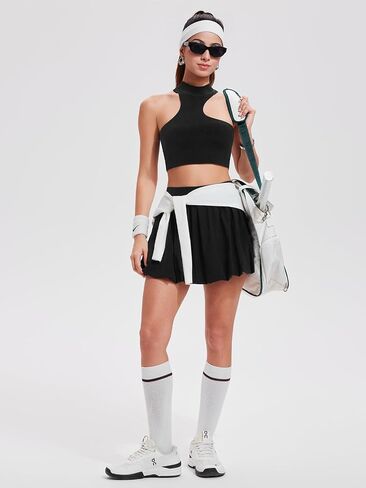 Airfree 2 Piece Sets for Women Tennis Skirt Set Mock Neck Sports Bra Irregular Crop Tank Bubble Skirt Outfits Set in Saudi Arabia