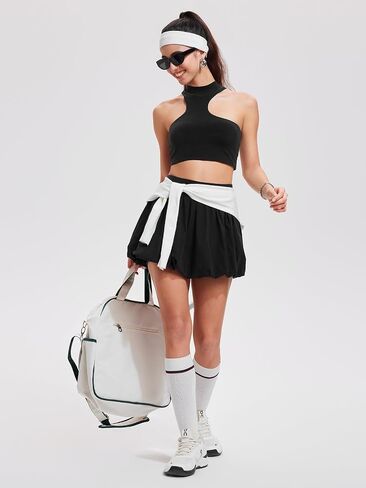 Airfree 2 Piece Sets for Women Tennis Skirt Set Mock Neck Sports Bra Irregular Crop Tank Bubble Skirt Outfits Set in Saudi Arabia