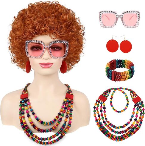 Red Orange Wig + Pink Sunglasses + Rainbow Necklace + Earrings + Bracelets + Wig Cap for Women Costume Short Curly Reddish Wigs for Cosplay Halloween Party or Fun（6pcs Set） in Kuwait