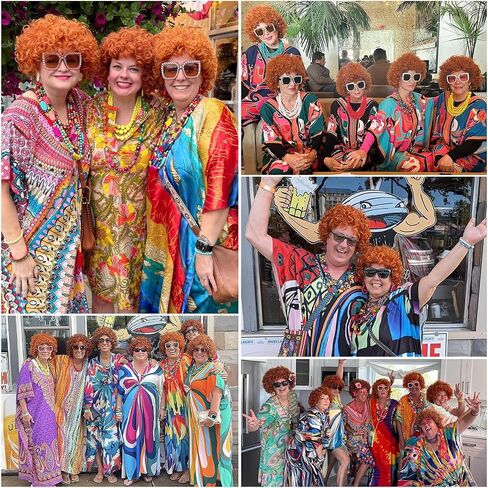 Red Orange Wig + Pink Sunglasses + Rainbow Necklace + Earrings + Bracelets + Wig Cap for Women Costume Short Curly Reddish Wigs for Cosplay Halloween Party or Fun（6pcs Set） in Kuwait
