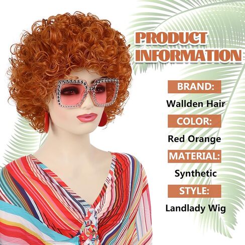Red Orange Wig + Pink Sunglasses + Rainbow Necklace + Earrings + Bracelets + Wig Cap for Women Costume Short Curly Reddish Wigs for Cosplay Halloween Party or Fun（6pcs Set） in Kuwait