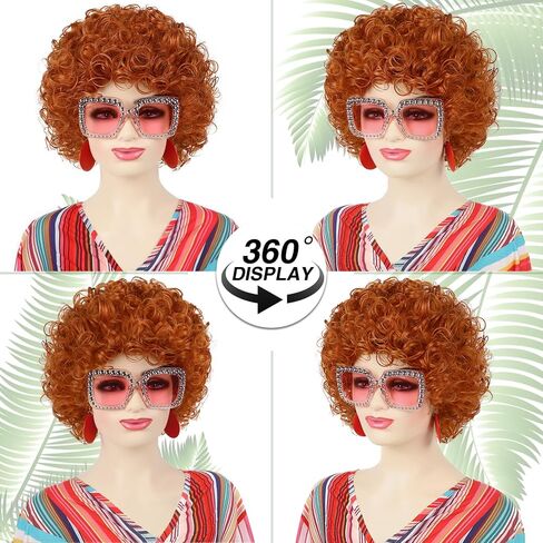 Red Orange Wig + Pink Sunglasses + Rainbow Necklace + Earrings + Bracelets + Wig Cap for Women Costume Short Curly Reddish Wigs for Cosplay Halloween Party or Fun（6pcs Set） in Kuwait