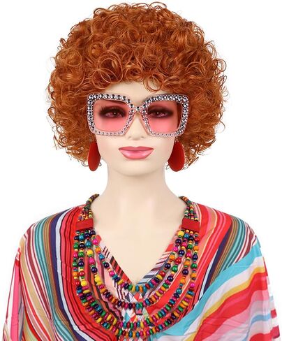 Red Orange Wig + Pink Sunglasses + Rainbow Necklace + Earrings + Bracelets + Wig Cap for Women Costume Short Curly Reddish Wigs for Cosplay Halloween Party or Fun（6pcs Set） in Kuwait
