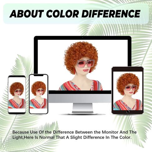 Red Orange Wig + Pink Sunglasses + Rainbow Necklace + Earrings + Bracelets + Wig Cap for Women Costume Short Curly Reddish Wigs for Cosplay Halloween Party or Fun（6pcs Set） in Kuwait