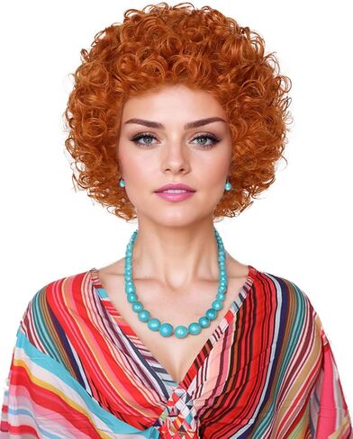 Red Orange Wig + Pink Sunglasses + Rainbow Necklace + Earrings + Bracelets + Wig Cap for Women Costume Short Curly Reddish Wigs for Cosplay Halloween Party or Fun（6pcs Set） in Kuwait