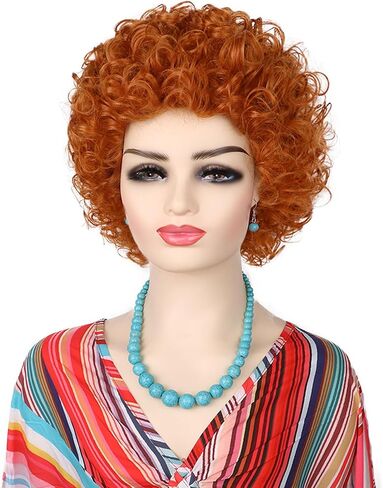 Red Orange Wig + Pink Sunglasses + Rainbow Necklace + Earrings + Bracelets + Wig Cap for Women Costume Short Curly Reddish Wigs for Cosplay Halloween Party or Fun（6pcs Set） in Kuwait